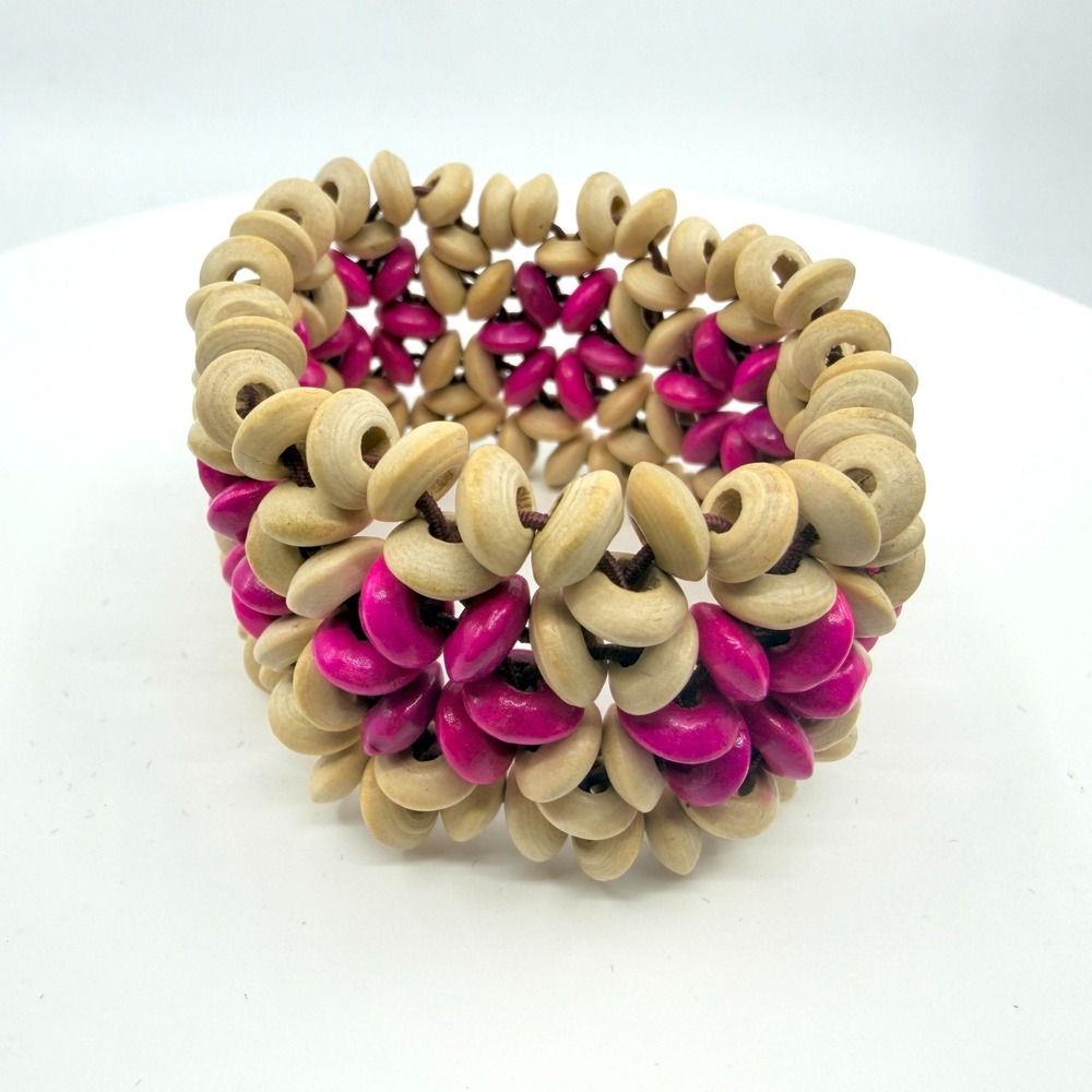 Vintage Bohemian Cream Hot Pink Woven Wood Bead Wide Stretch Cuff Bracelet